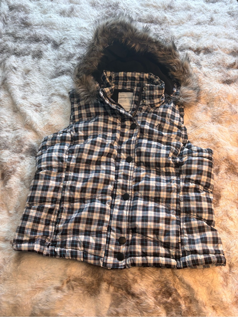 Y2K Aeropostale Black, White & Navy Plaid Puffer Vest with Faux-Fur Hood